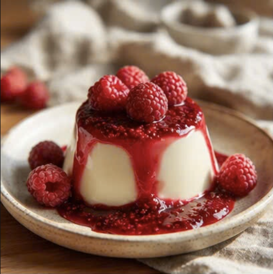 Bánh panna cotta vị quả mâm xôi mềm mịn phủ sốt raspberry đỏ tươi hấp dẫn